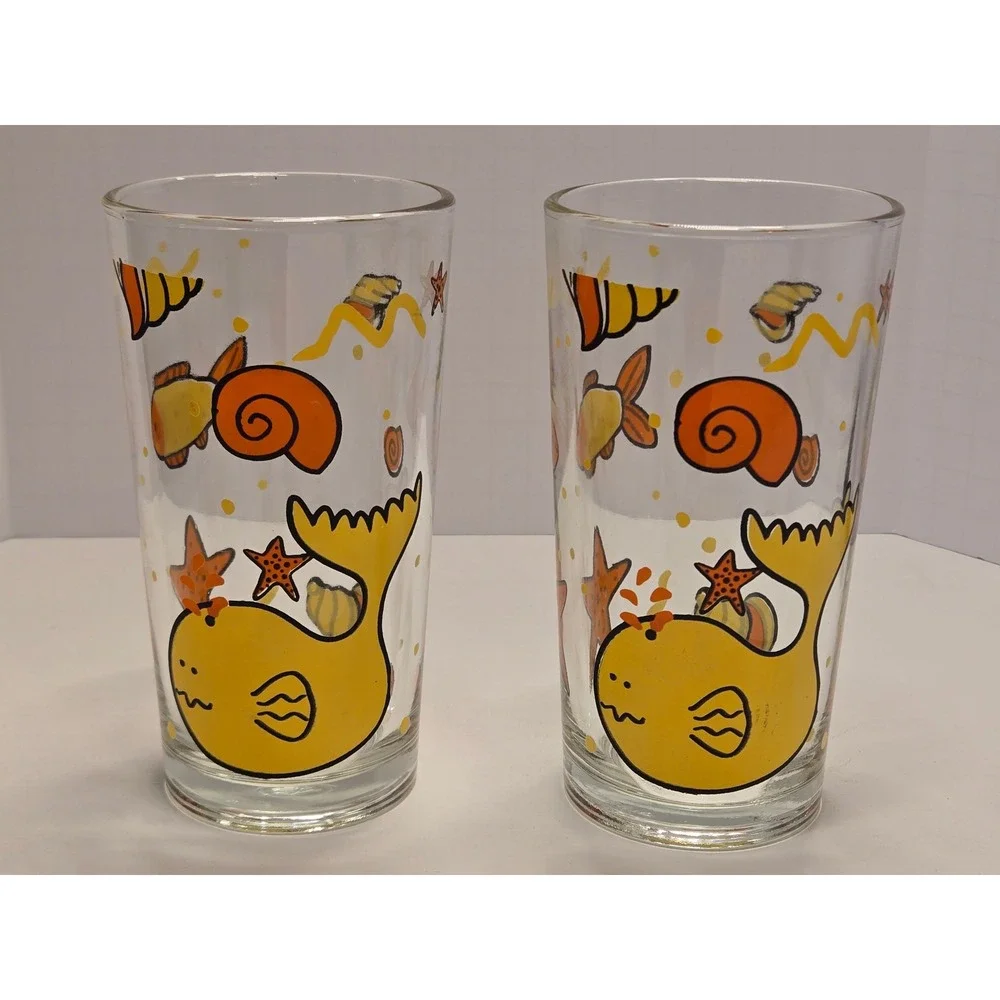 Set of 2 Vintage Yellow Whale Seashell Drinking Glasses‎ 16oz Indonesia RARE